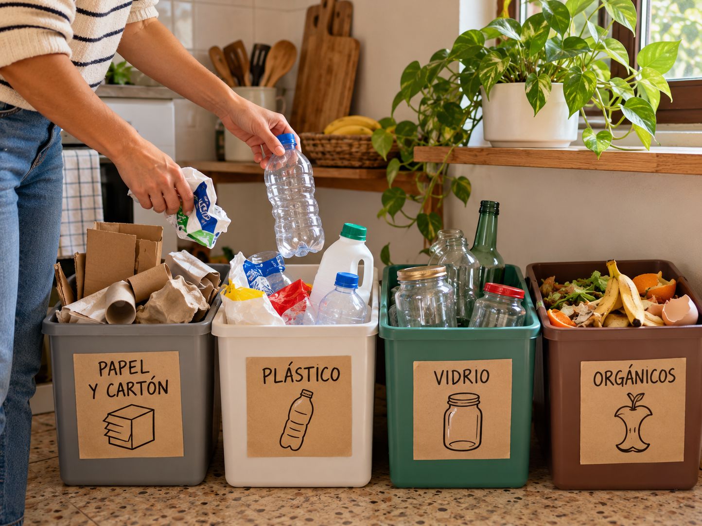 Manos separando latas, botellas y cartón para reciclar